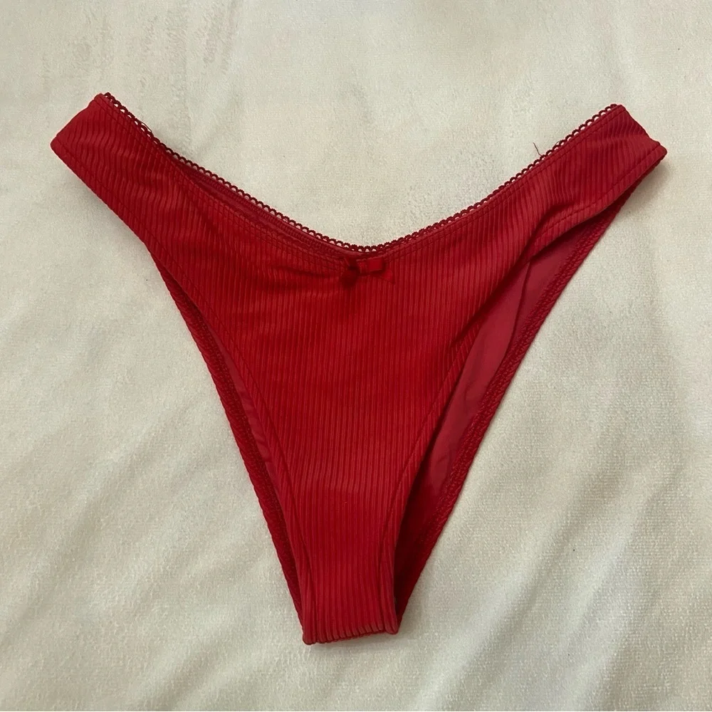 New! Frankie's Bikinis Vibrant Red Enzo Ribbed Cheeky Bikini Bottom 1485